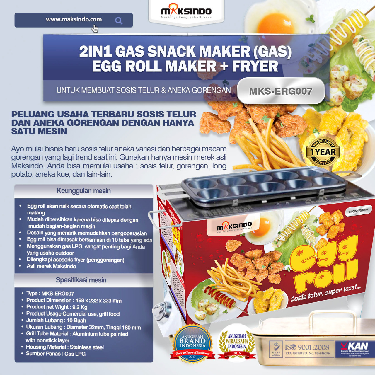 Jual Mesin Egg Roll Gas 2in1 Plus Fryer ERG007 Maksindo di Bekasi