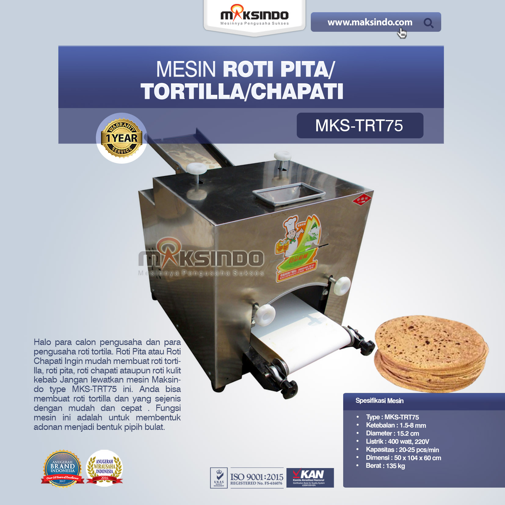 Jaul Mesin Roti Pita/Tortilla/Chapati MKS-TRT75 Di Bekasi
