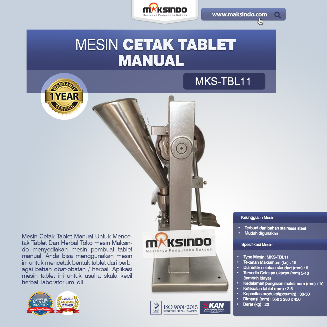 Jual Mesin Cetak Tablet Manual – MKS-TBL11 di Bekasi