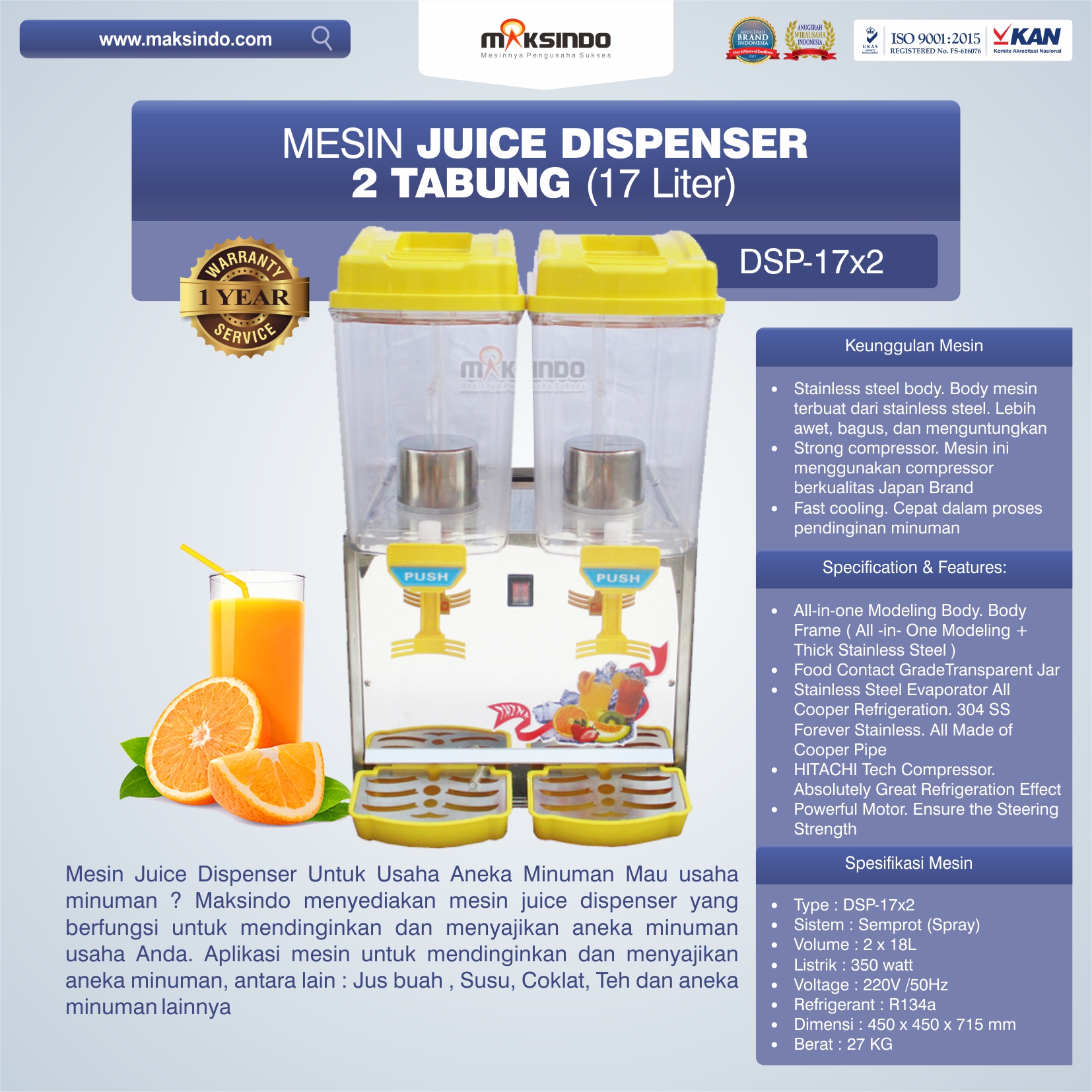 Jual Mesin Juice Dispenser 2 Tabung (17 Liter) – DSP17x2 di Bekasi