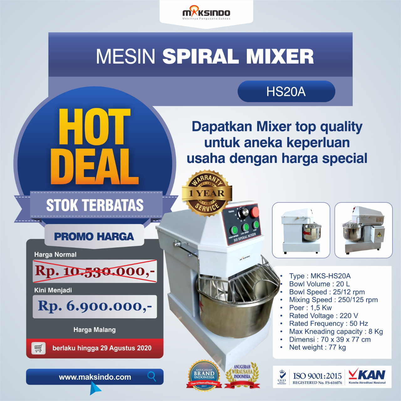 Jual Mesin Mixer Roti SPIRAL MKS-HS20A di Bekasi