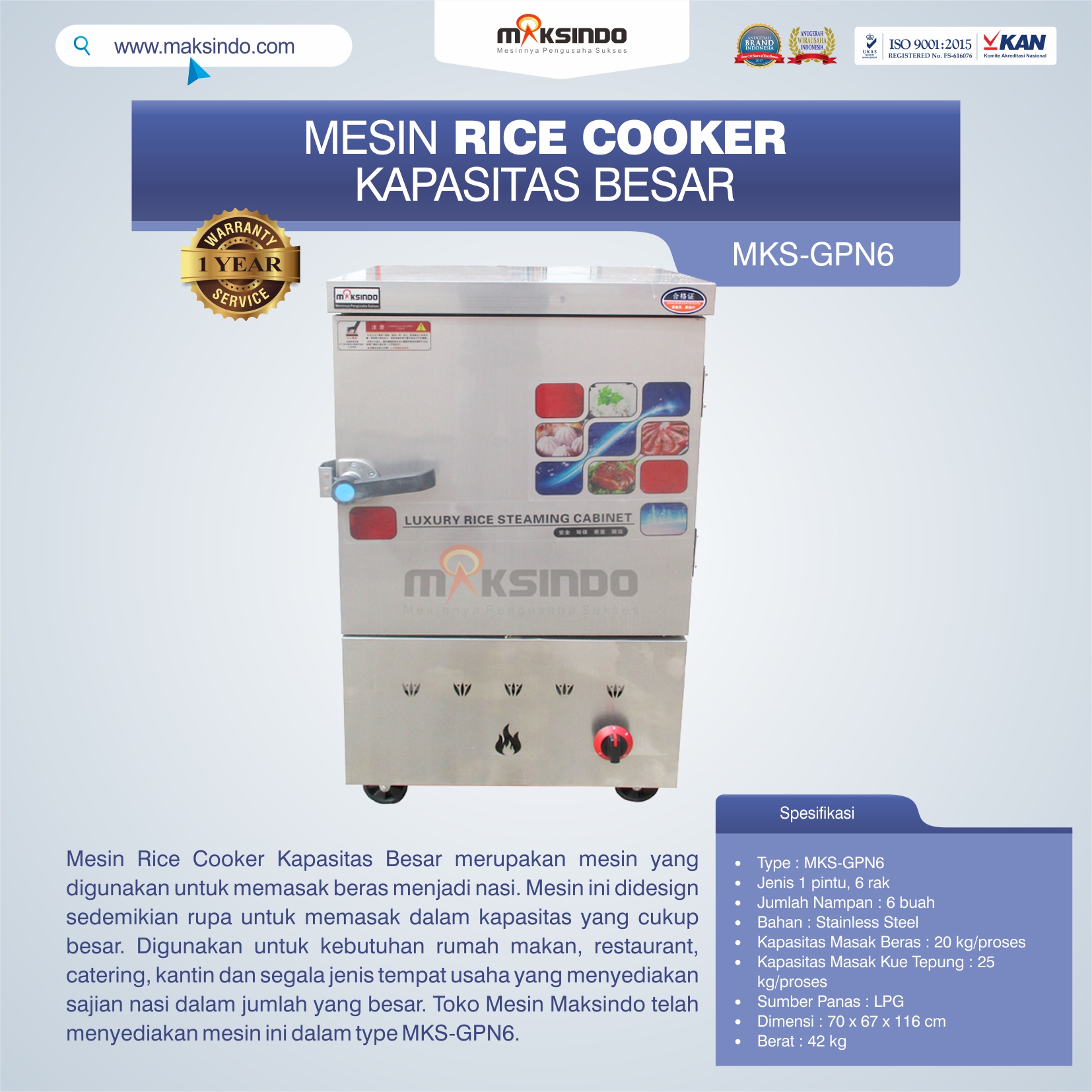 Jual Mesin Rice Cooker Kapasitas Besar MKS-GPN6 di Bekasi