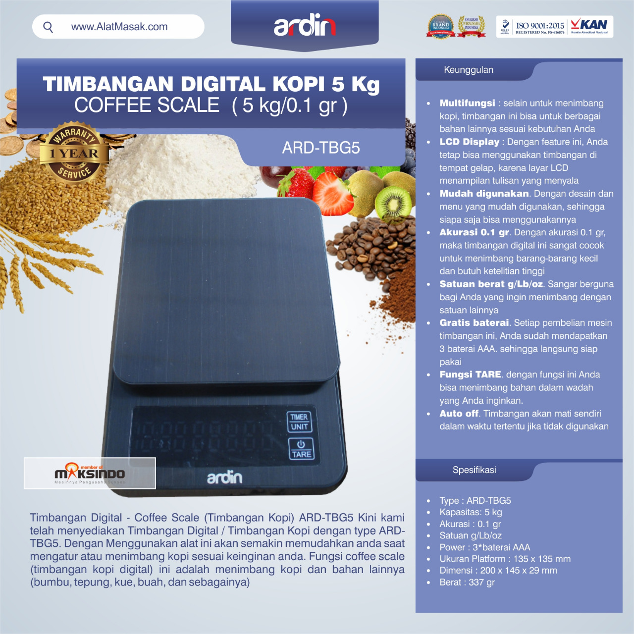 Jual Timbangan Digital Kopi 5 kg ARD-TBG5 (coffee scale) di bekasi
