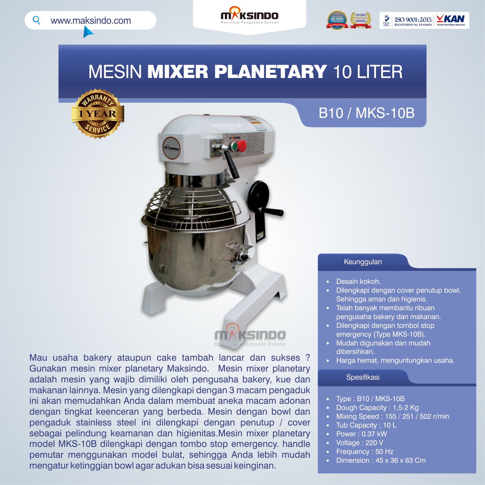 Jual Mesin Mixer Planetary 10 Liter (MKS-10B) di Bekasi