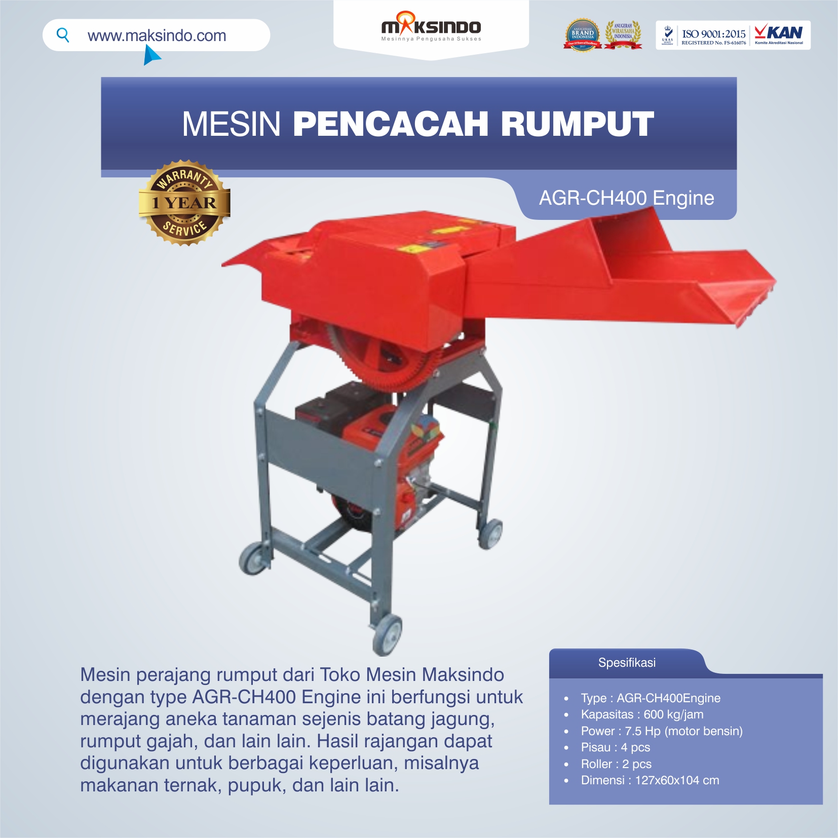 Jual Mesin Pencacah Rumput AGR-CH400 Engine di Bekasi