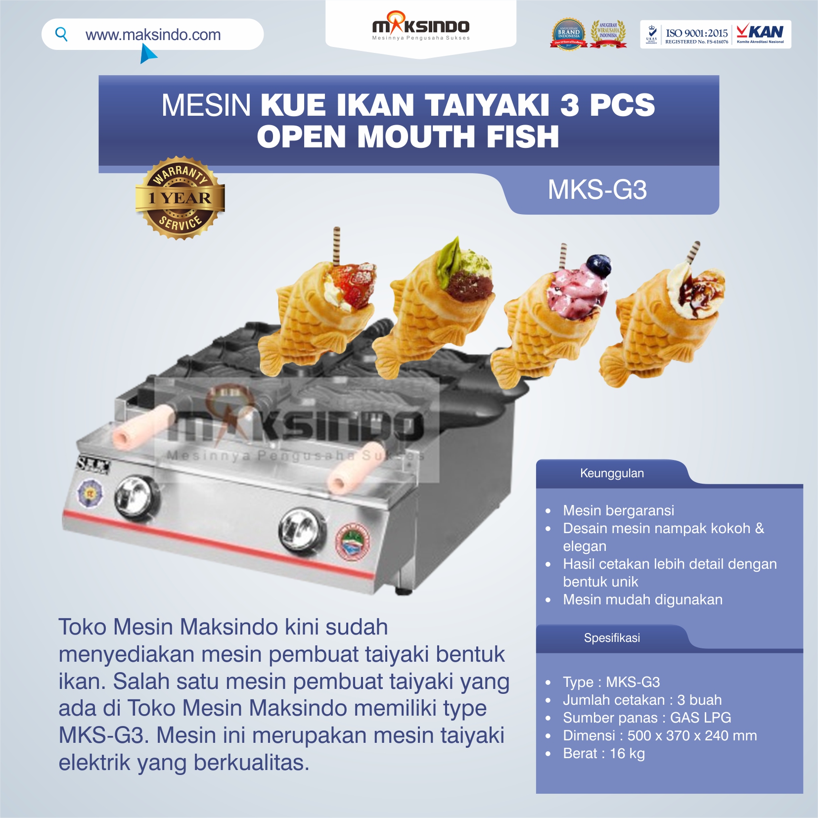 Jual Mesin Kue Ikan Taiyaki (3 pcs) – Open Mouth Fish di Bekasi