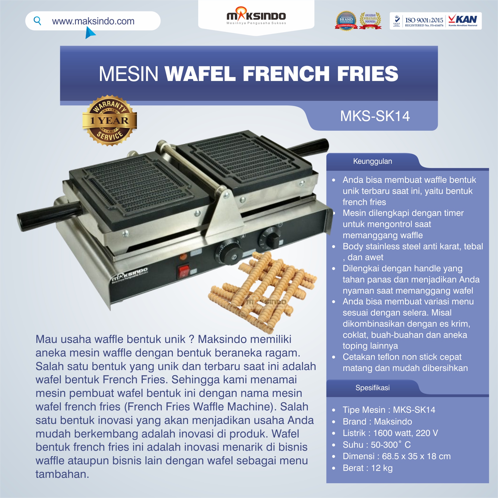 Jual Mesin Wafel French Fries MKS-SK14 Maksindo di Bekasi