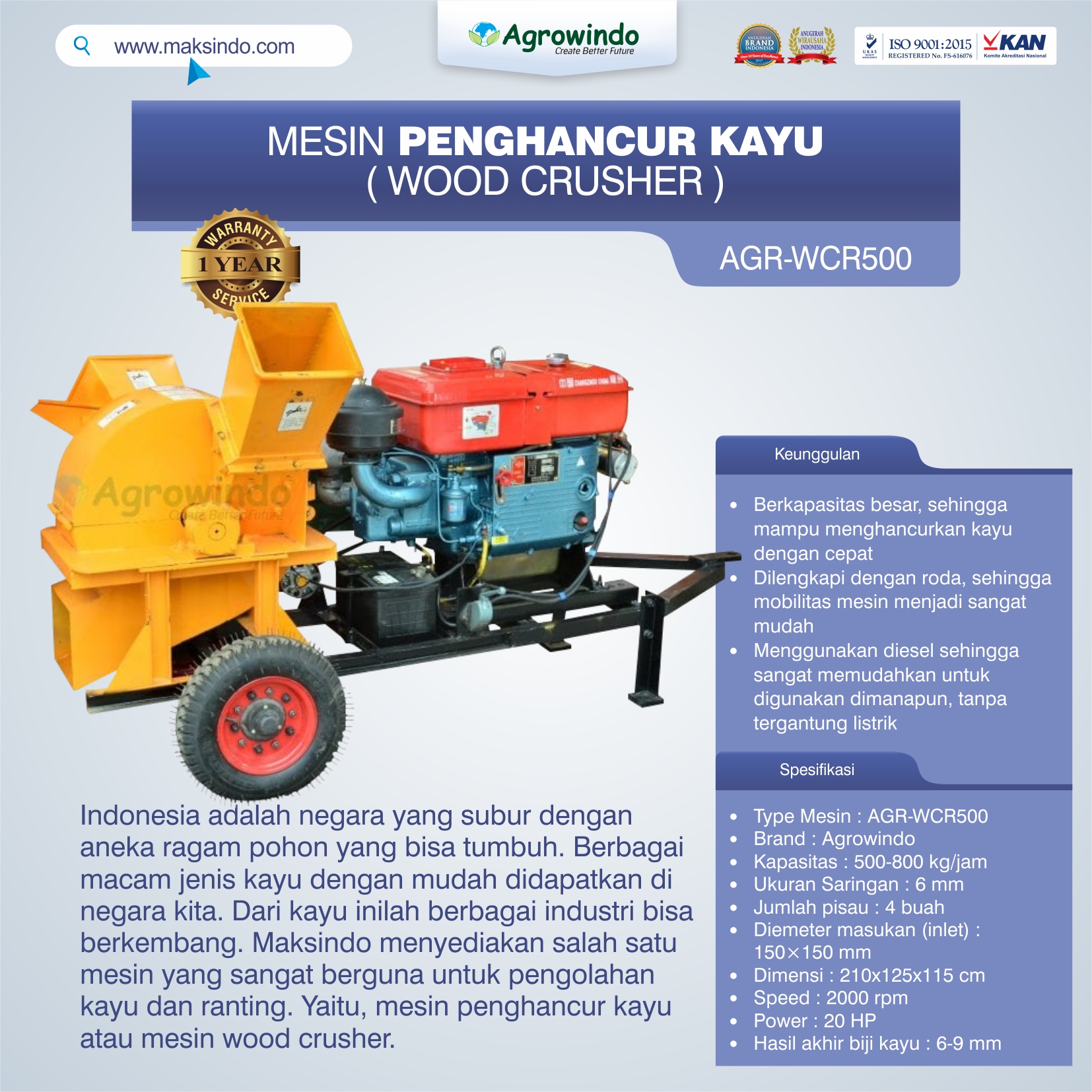 Jual Mesin Penghancur Kayu (wood crusher) AGR-WCR500 di Bekasi