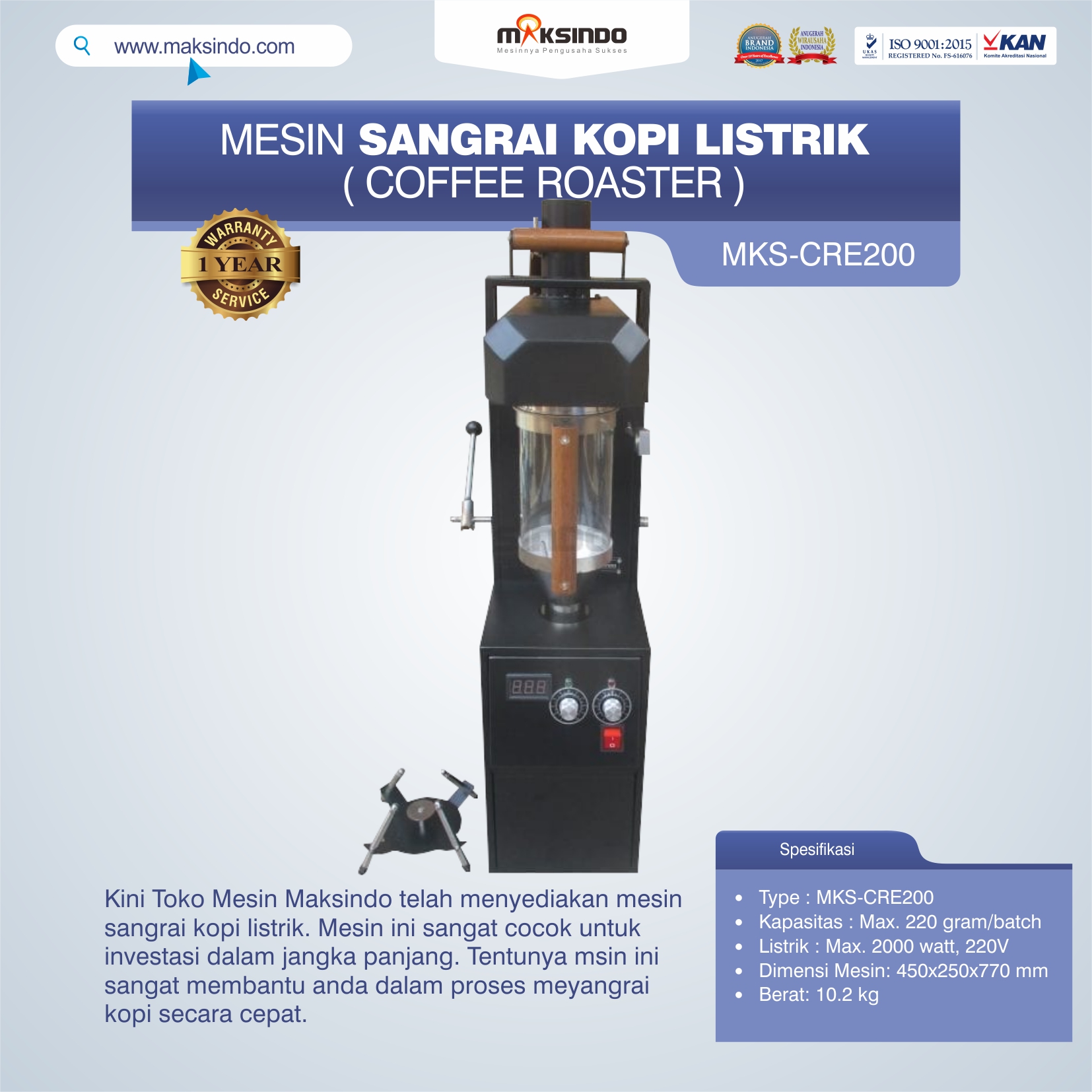 Jual Mesin Sangrai Kopi Listrik (Coffee Roaster) MKS-CRE200 di Bekasi