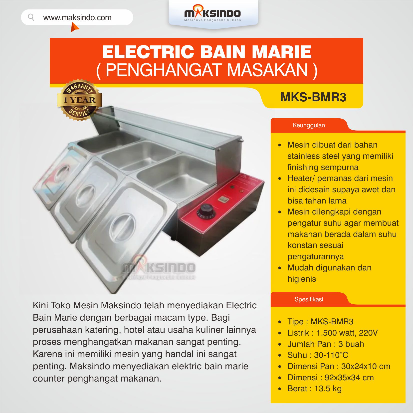 Jual Electric Bain Marie MKS-BMR3 (Penghangat Masakan) di Bekasi