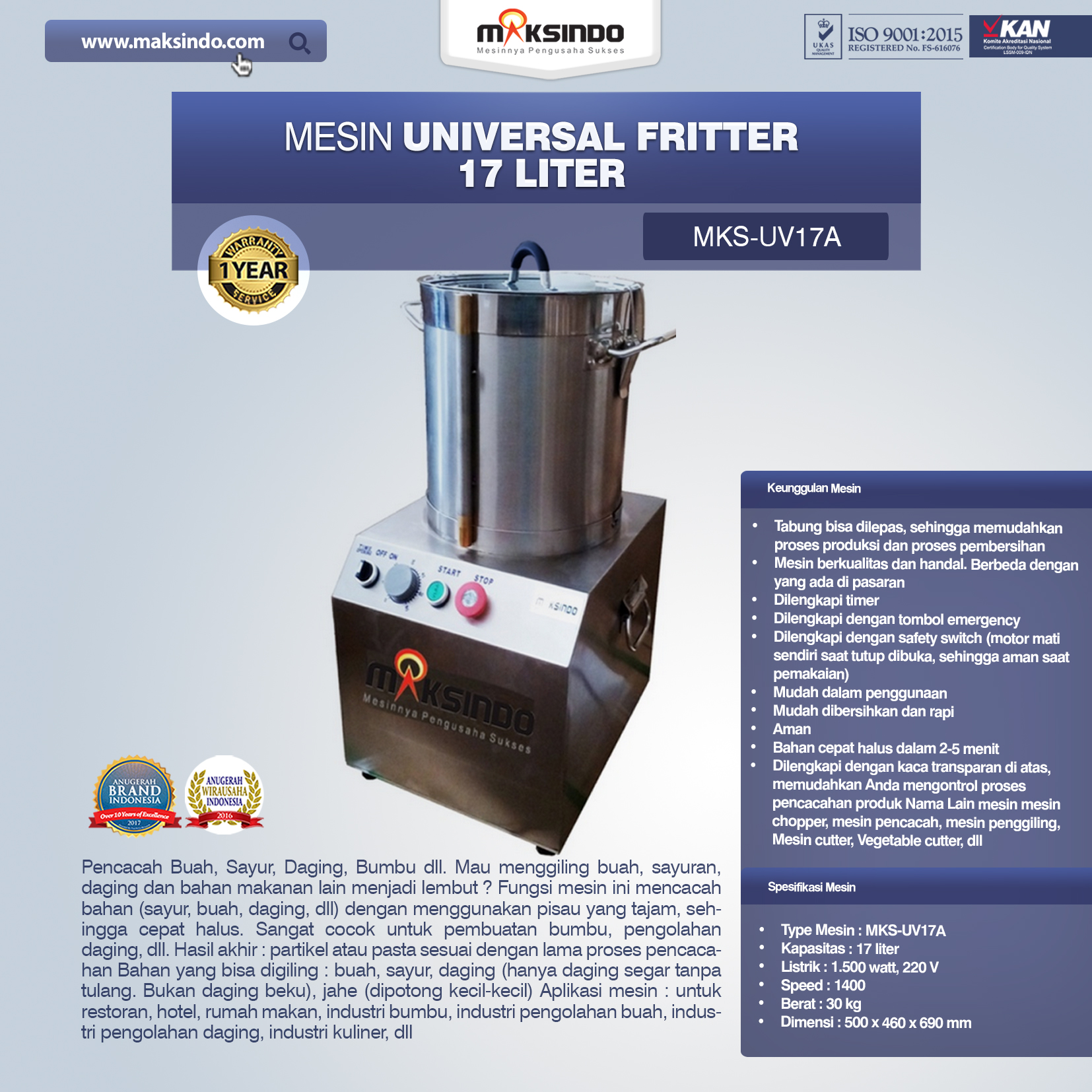 Jual Universal Fritter 17 Liter (MKS-UV17A) di Bekasi