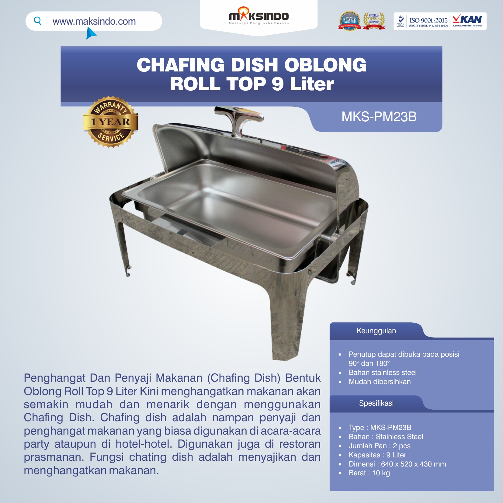 Jual Chafing Dish Oblong Roll Top – 9 Liter di Bekasi