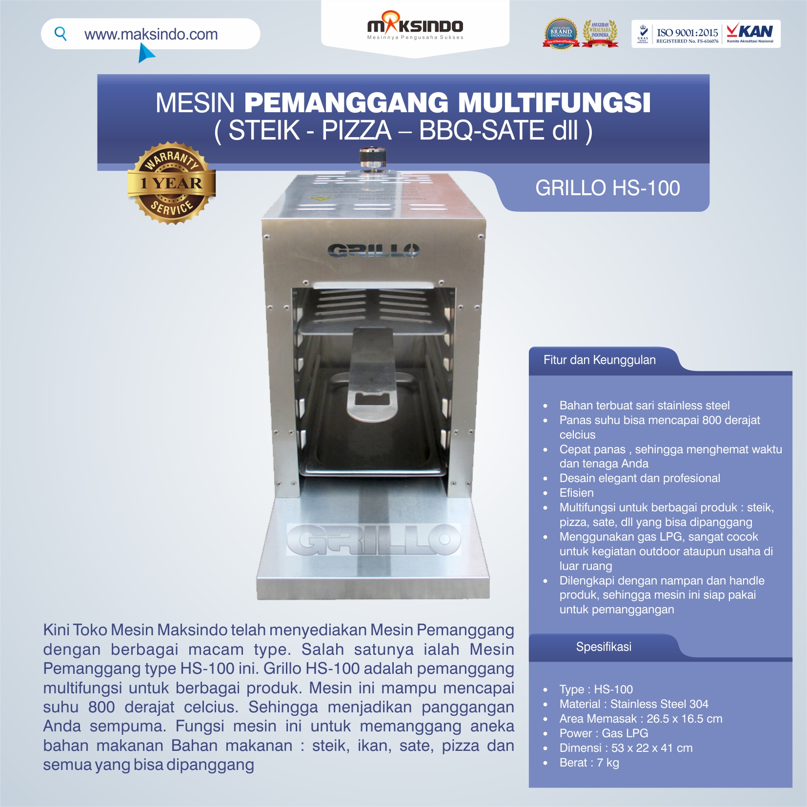 Jual Mesin Pemanggang Steik – Pizza (GRILLO  HS-100) di Bekasi
